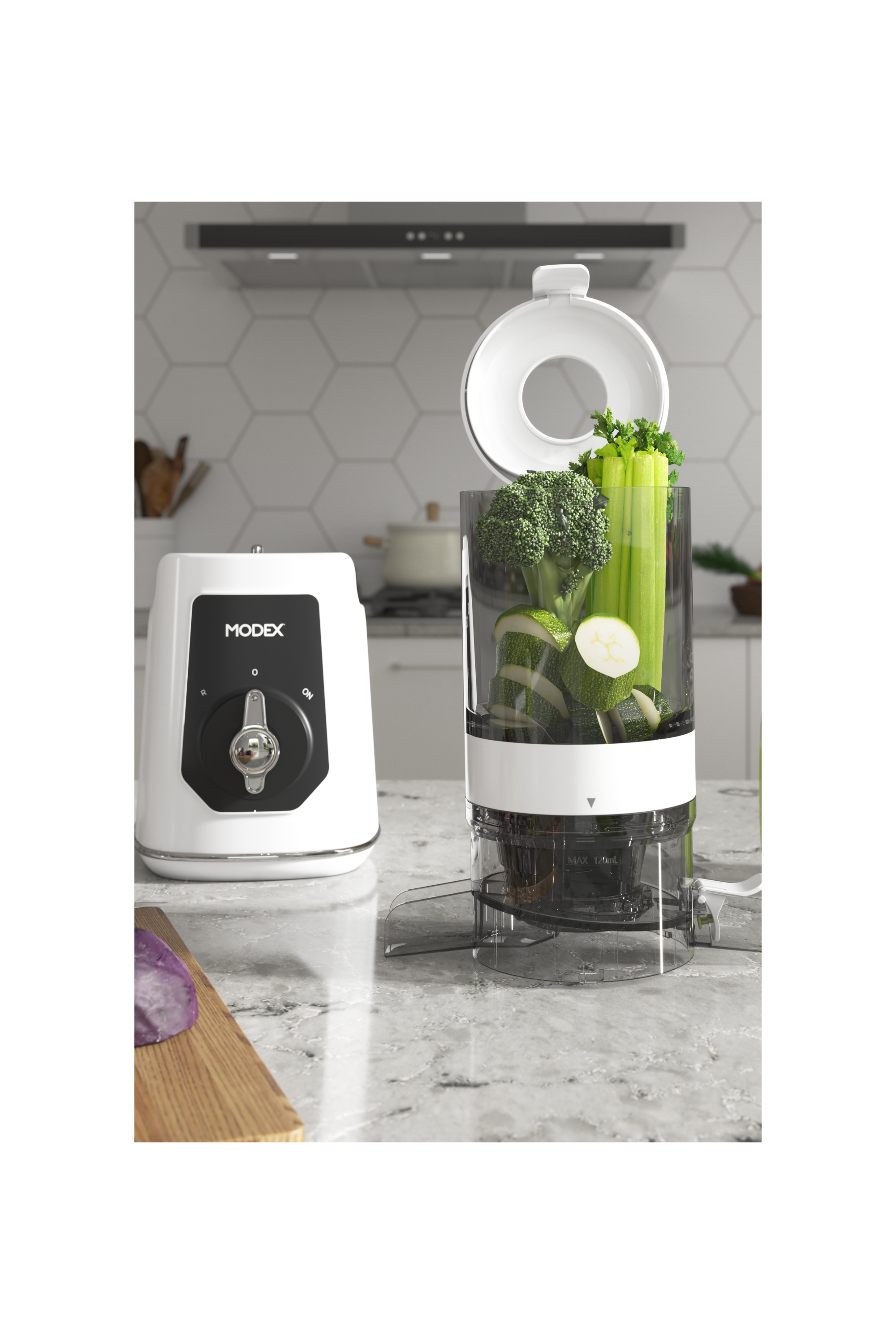 Blender with vegetables on a kitchen counter, featuring the brand 'Modex'.