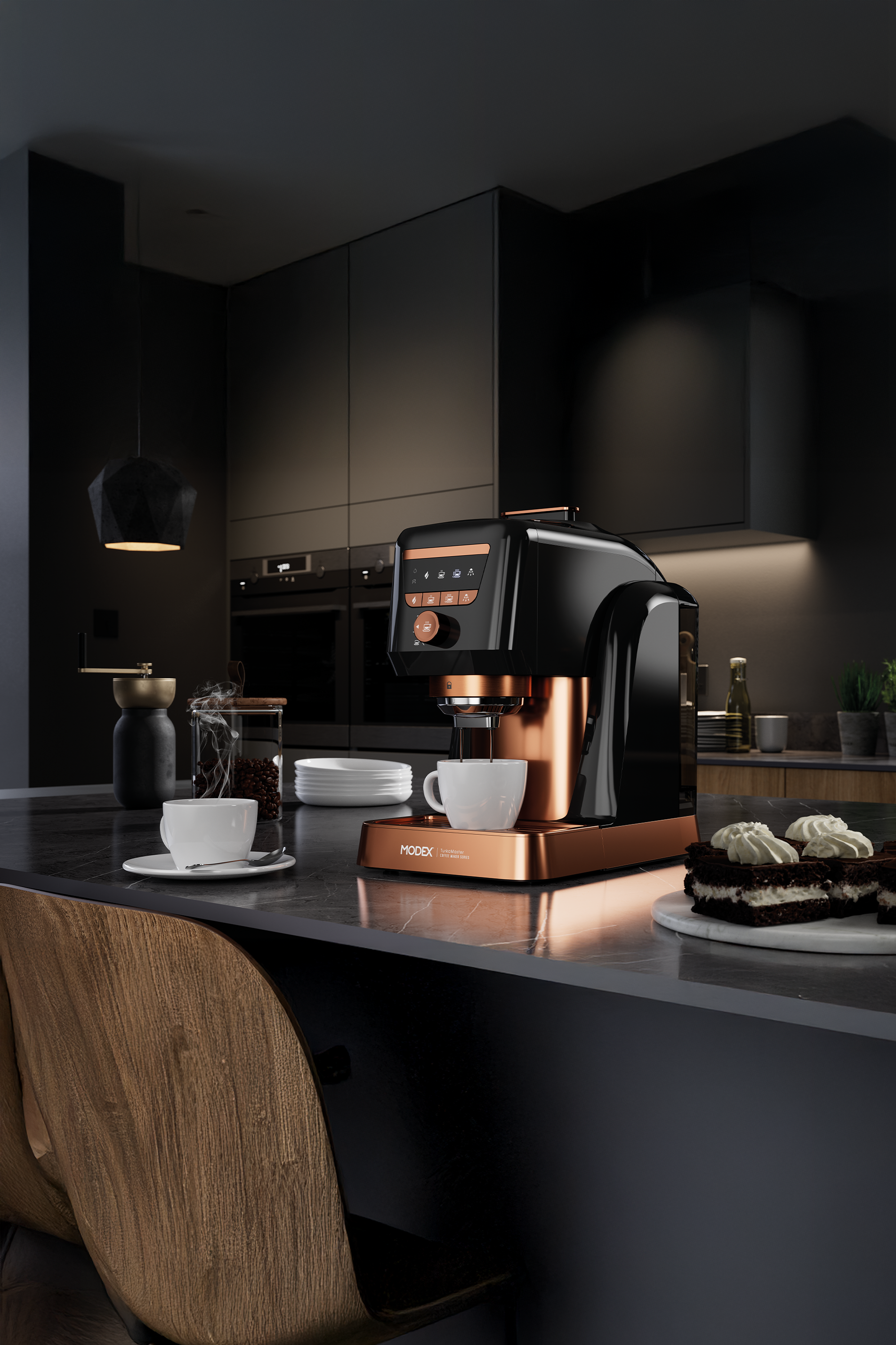 Modern kitchen with a coffee machine on a dark countertop