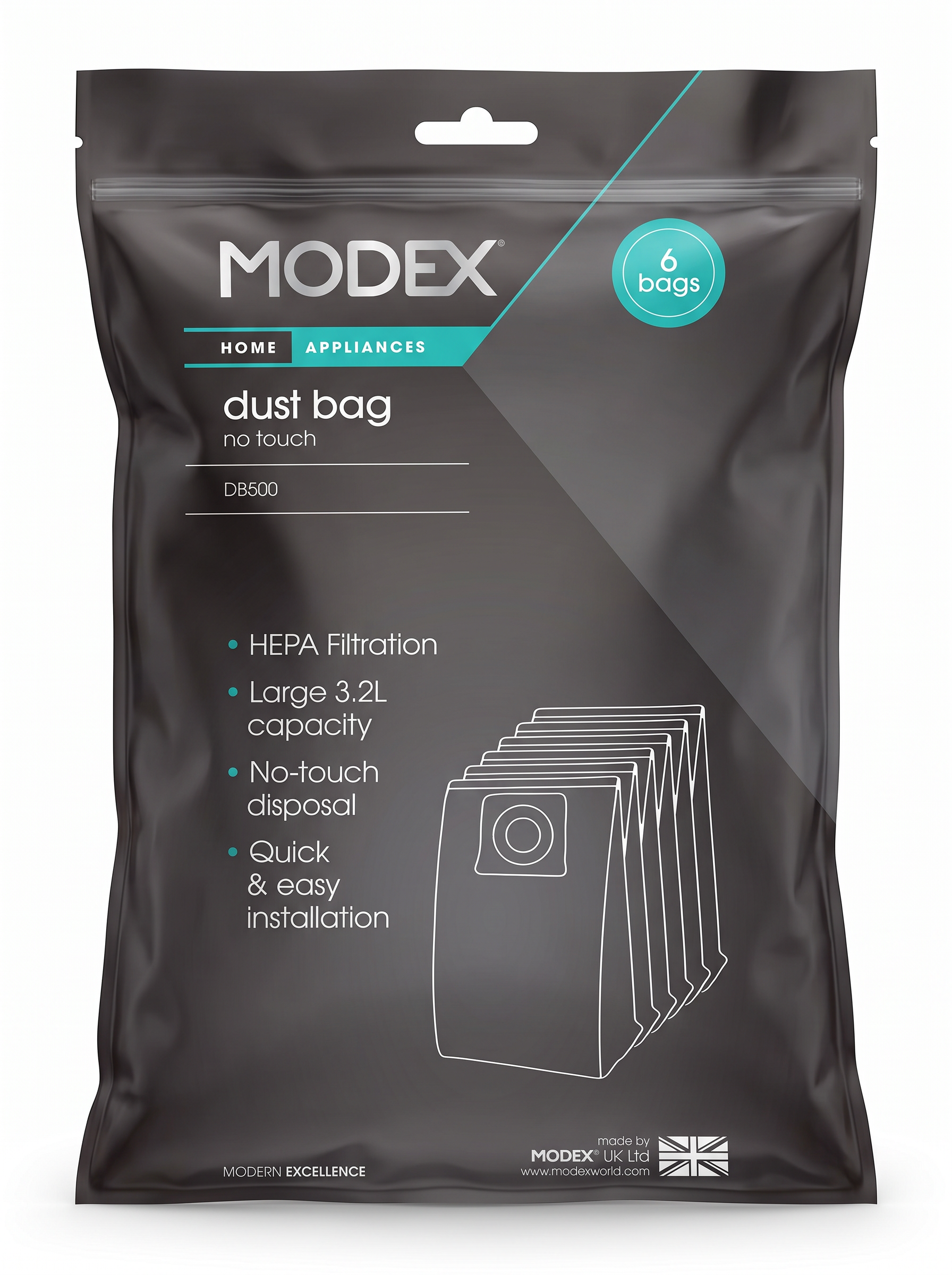 MODEX DB500 pack of 6 replacement dust bags for UVC1520 | علبة 6 أكياس غبار بديلة لمكنسة UVC1520 من مودكس