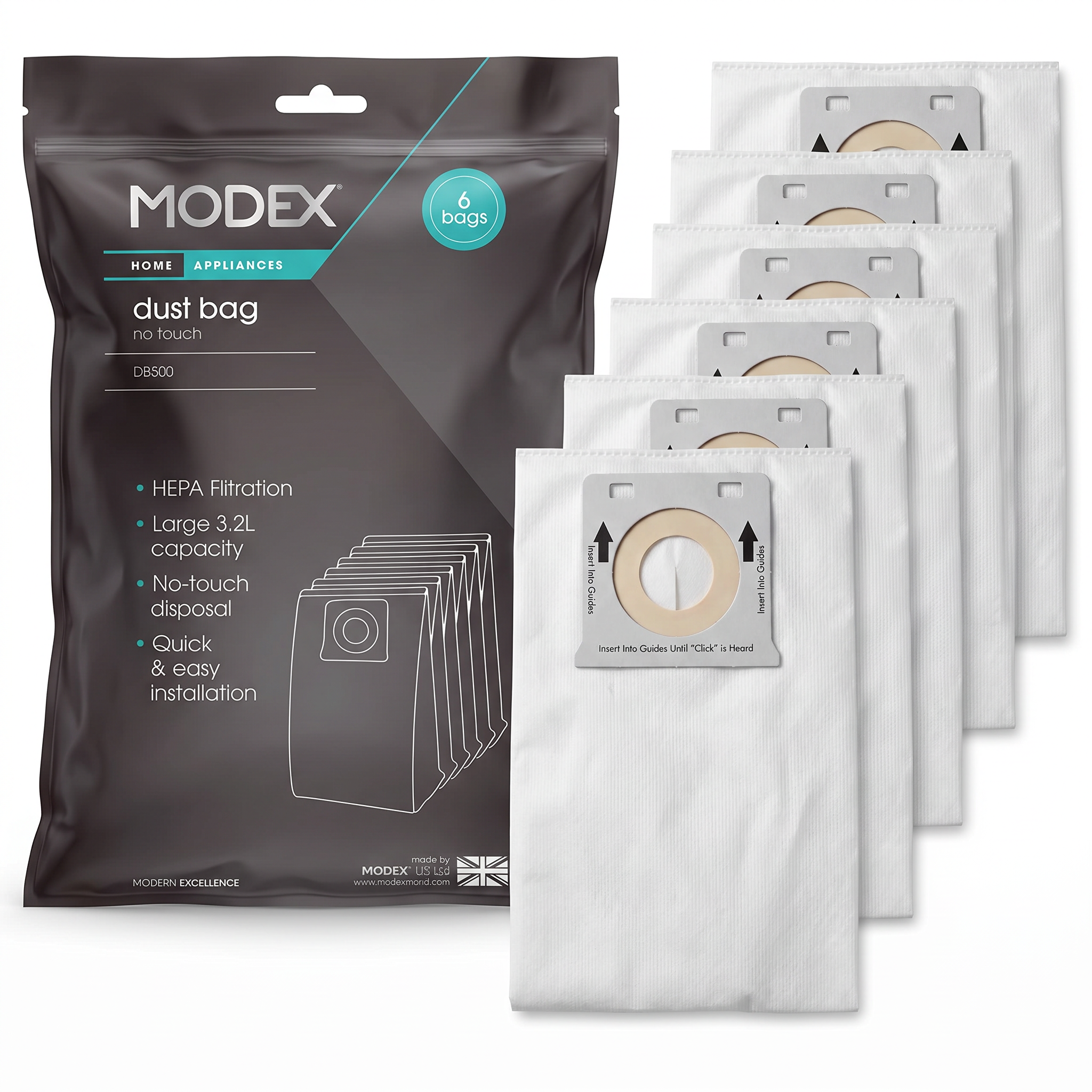 MODEX DB500 pack with all 6 replacement dust bags for UVC1520 | علبة مودكس مع 6 أكياس غبار بديلة لمكنسة UVC1520