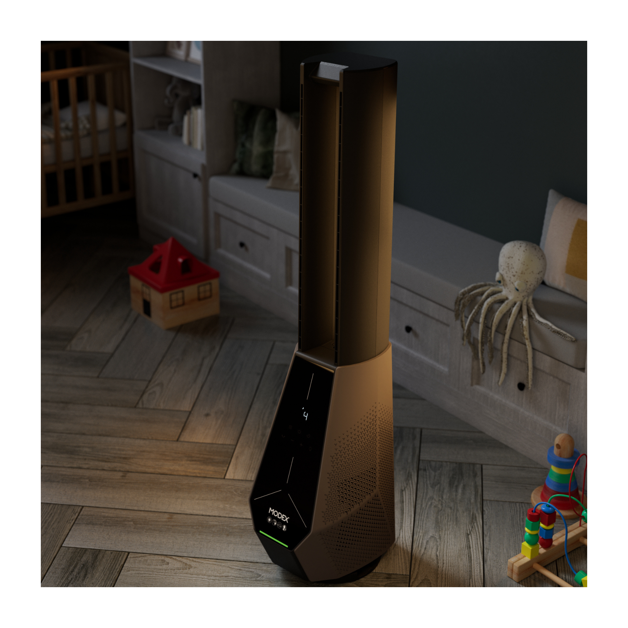 A tall, modern floor-standing tower fan in a dark metallic finish, positioned on a wood herringbone floor in a styled child's bedroom setting.