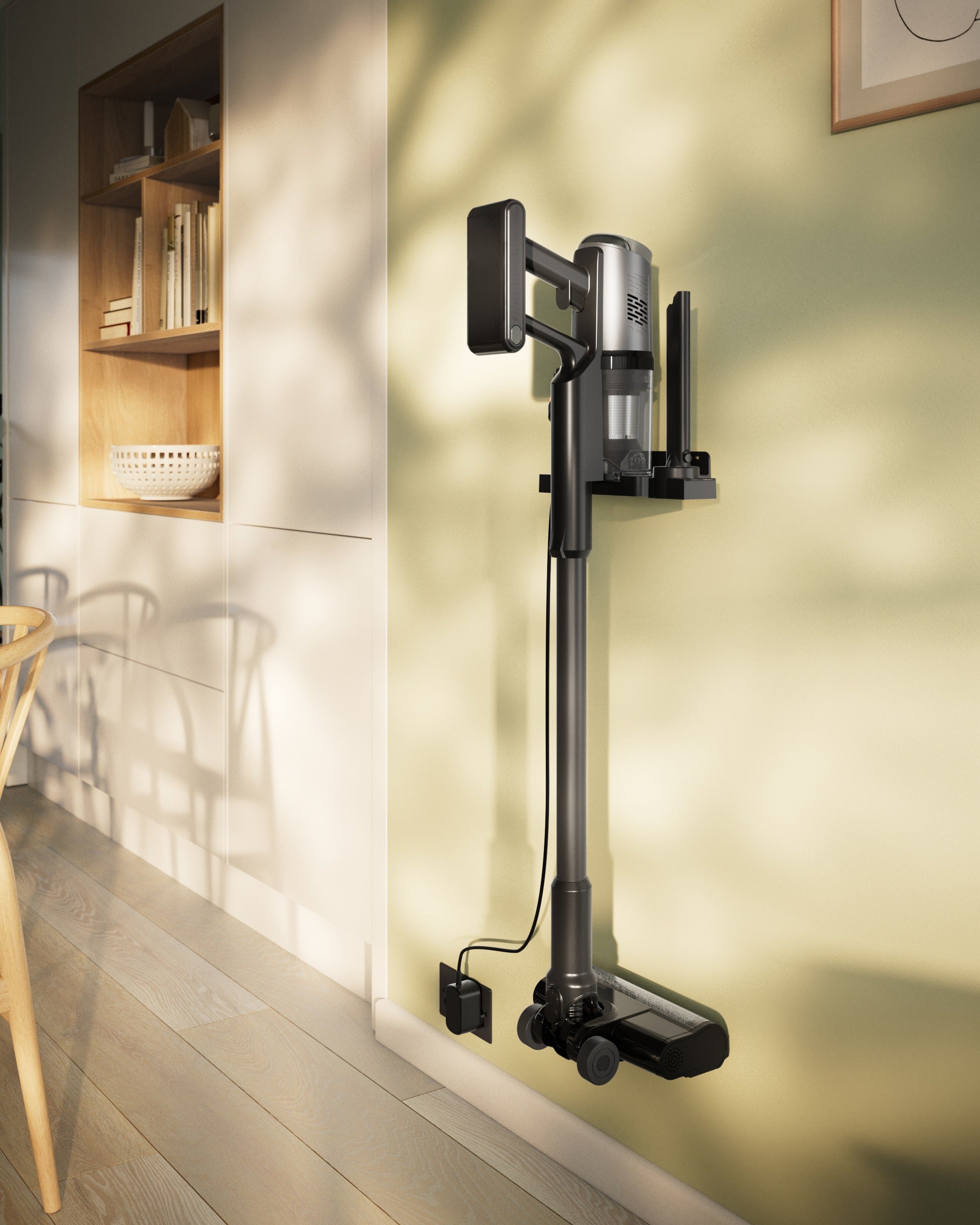 MODEX HVC1420 stored and charging on its wall mount | المكنسة معلقة وتشحن على الجدار