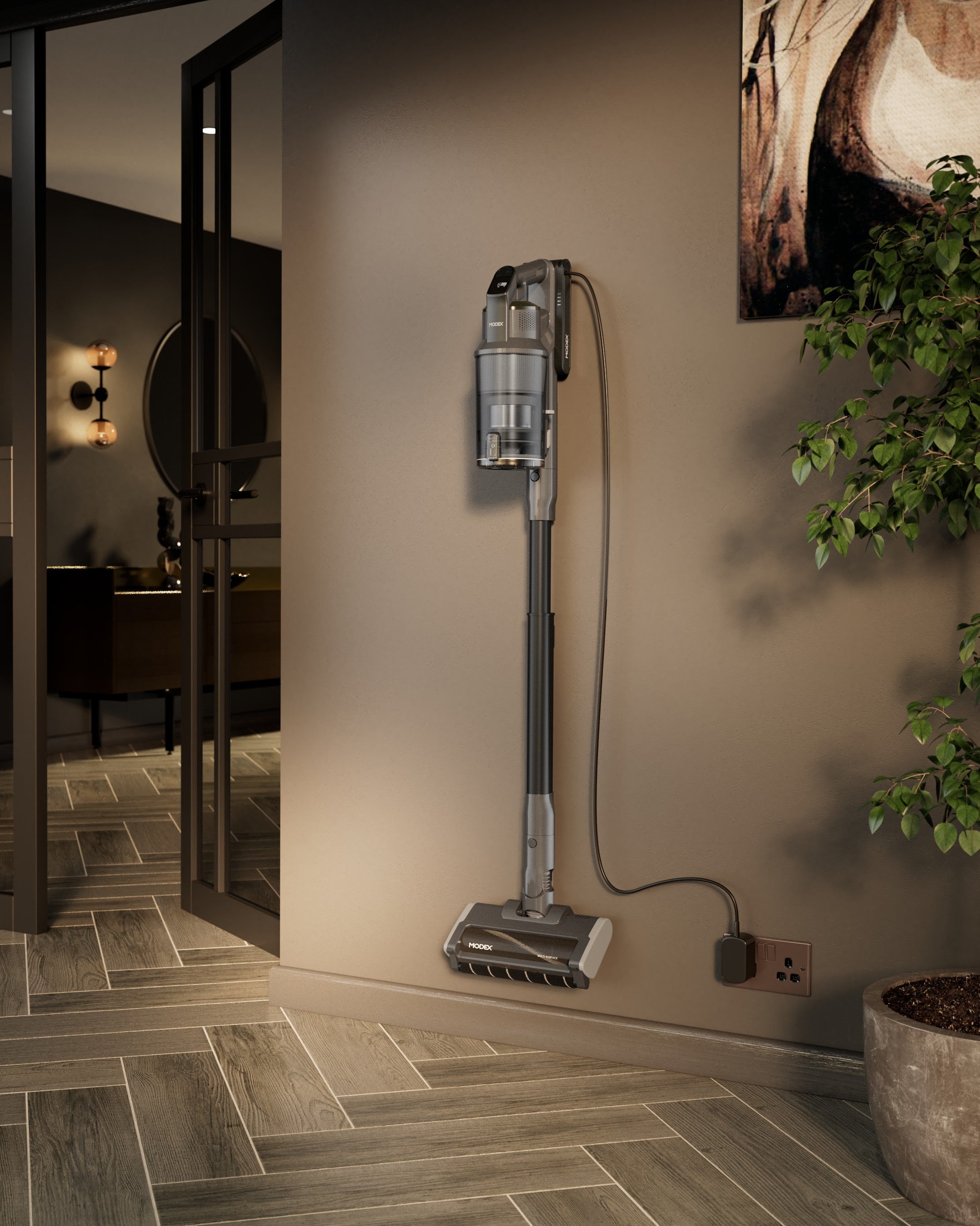 MODEX HVC1440 cordless vacuum on its wall mount | مكنسة مودكس اللاسلكية على حامل الحائط