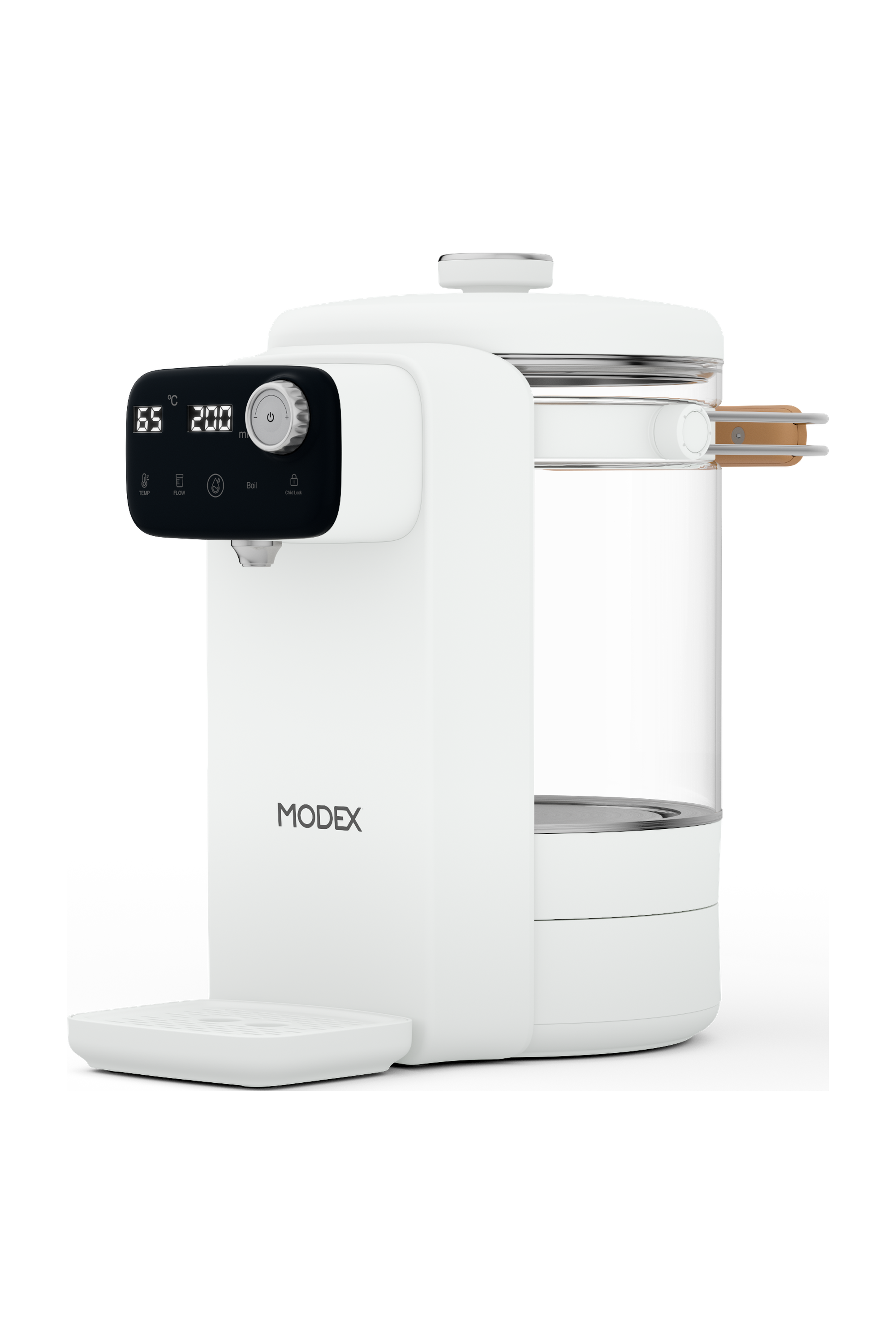 MODEX IHD500 instant hot water dispenser, white, angled view | موزع الماء الساخن الفوري مودكس، أبيض، منظر جانبي مائل