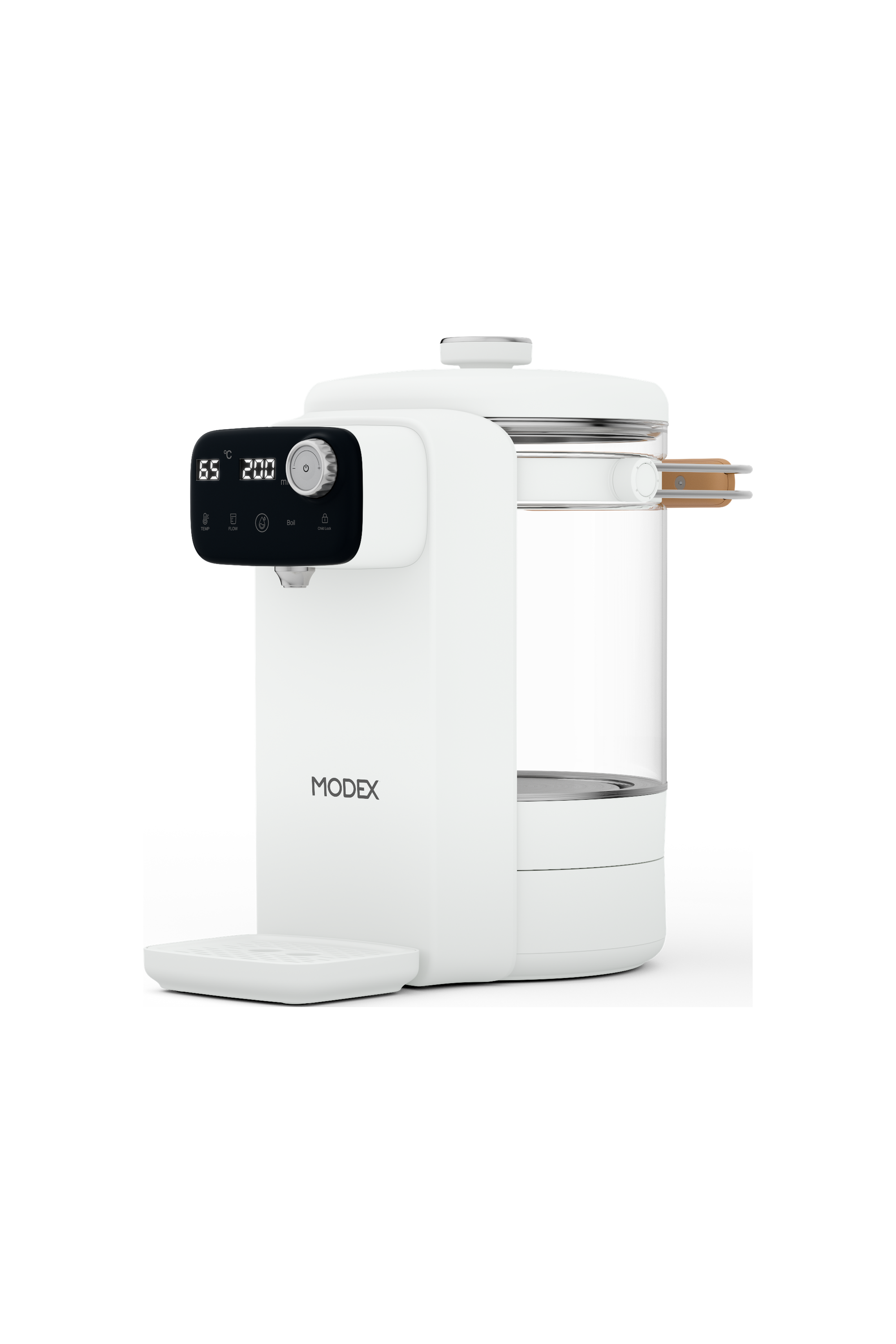 MODEX IHD500 instant hot water dispenser, white, angled view | موزع الماء الساخن الفوري مودكس، أبيض، منظر جانبي مائل