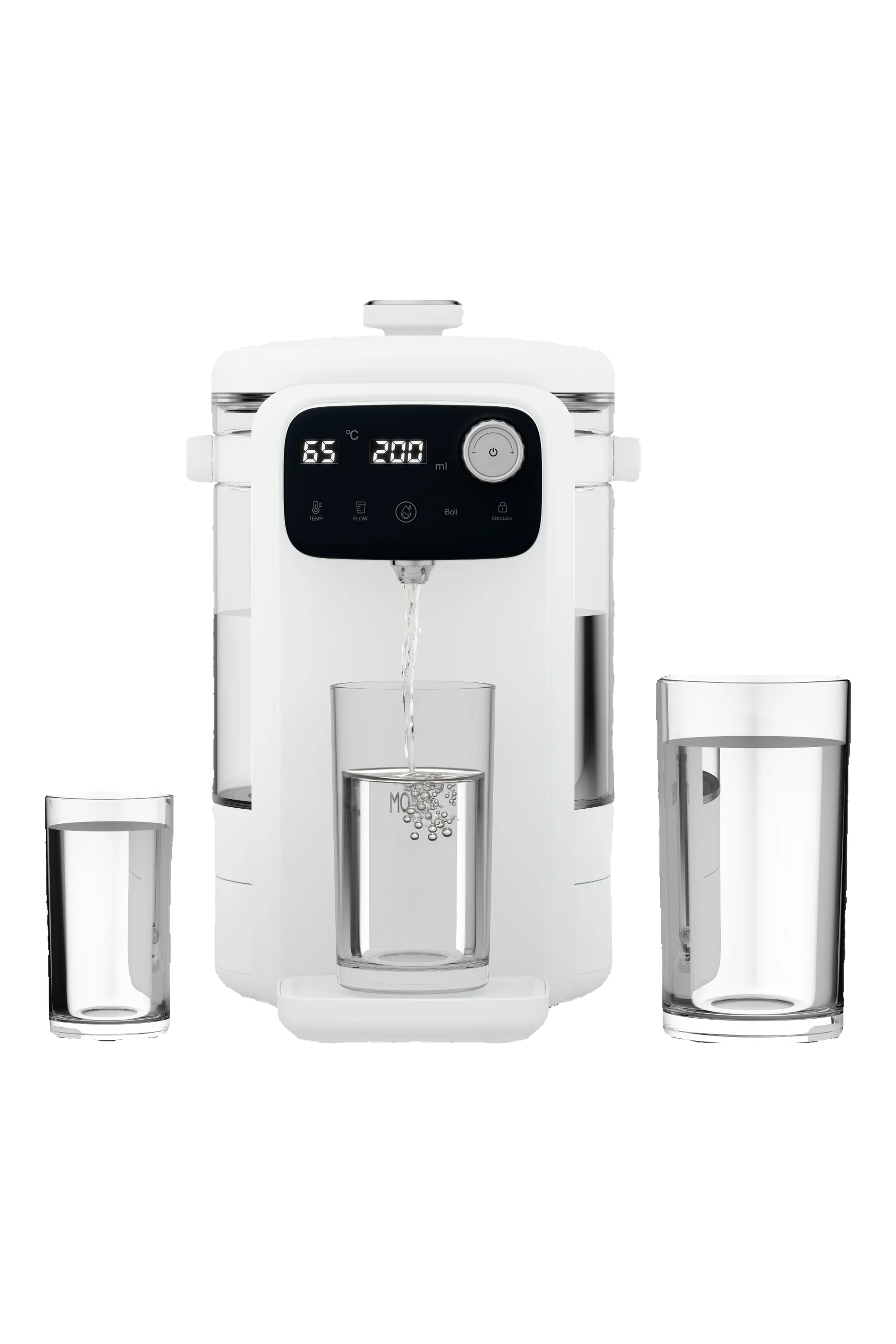 MODEX IHD500 instant hot water dispenser, white, pouring water into a glass | موزع الماء الساخن الفوري مودكس، أبيض، يصب الماء في كوب