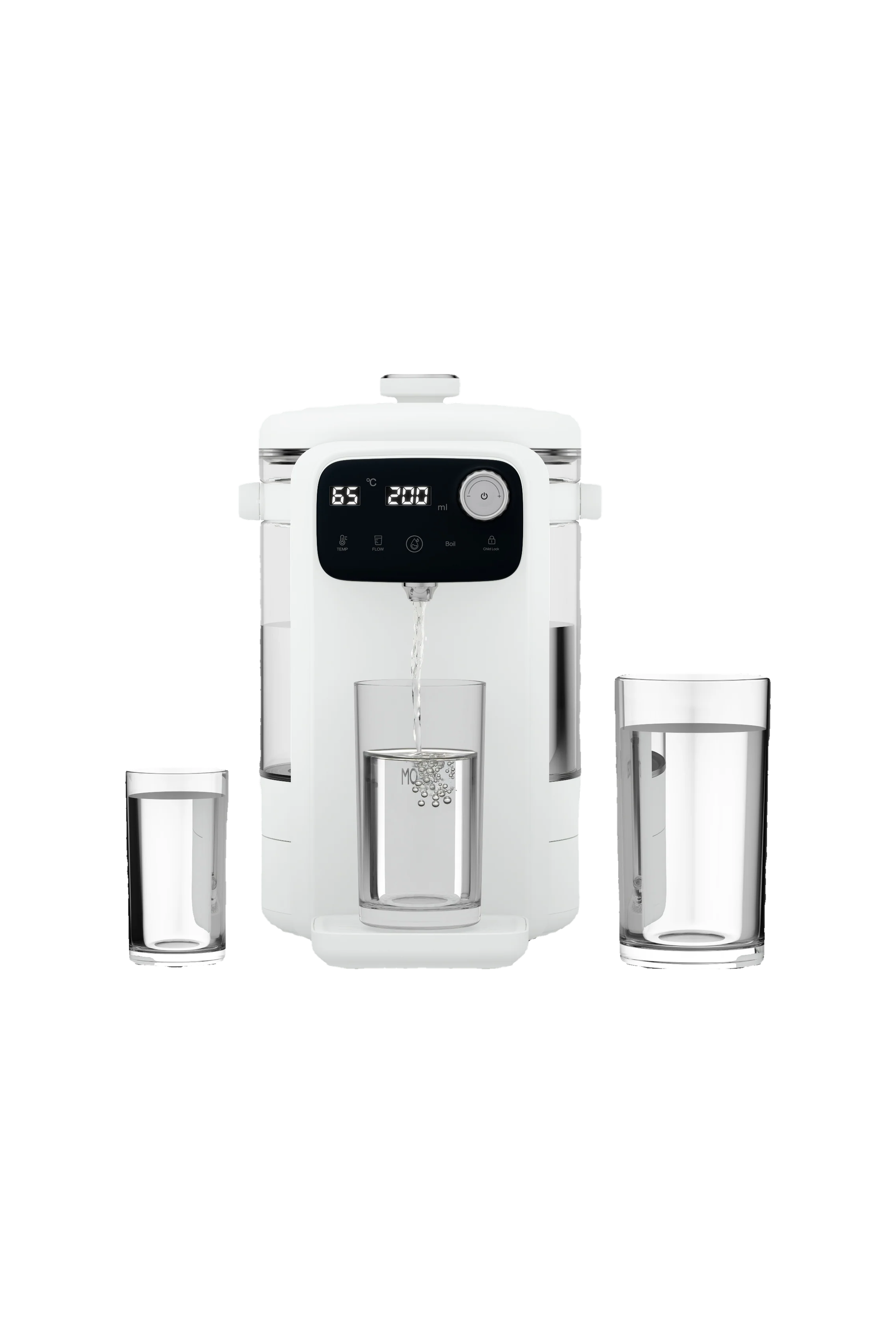 MODEX IHD500 instant hot water dispenser, white, pouring water into a glass | موزع الماء الساخن الفوري مودكس، أبيض، يصب الماء في كوب
