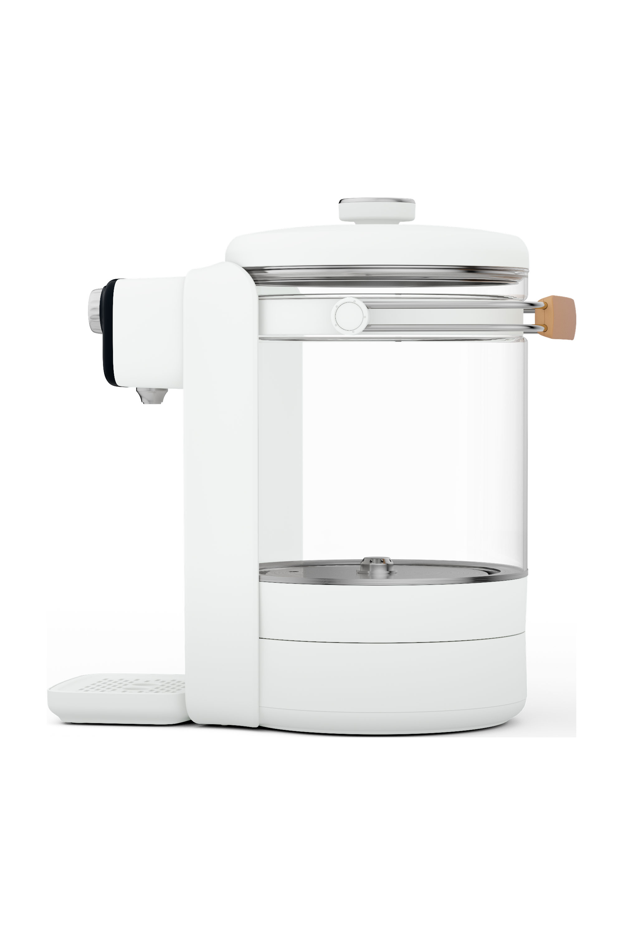 MODEX IHD500 instant hot water dispenser, white, side view with glass kettle | موزع الماء الساخن الفوري مودكس، أبيض، منظر جانبي مع الإبريق الزجاجي