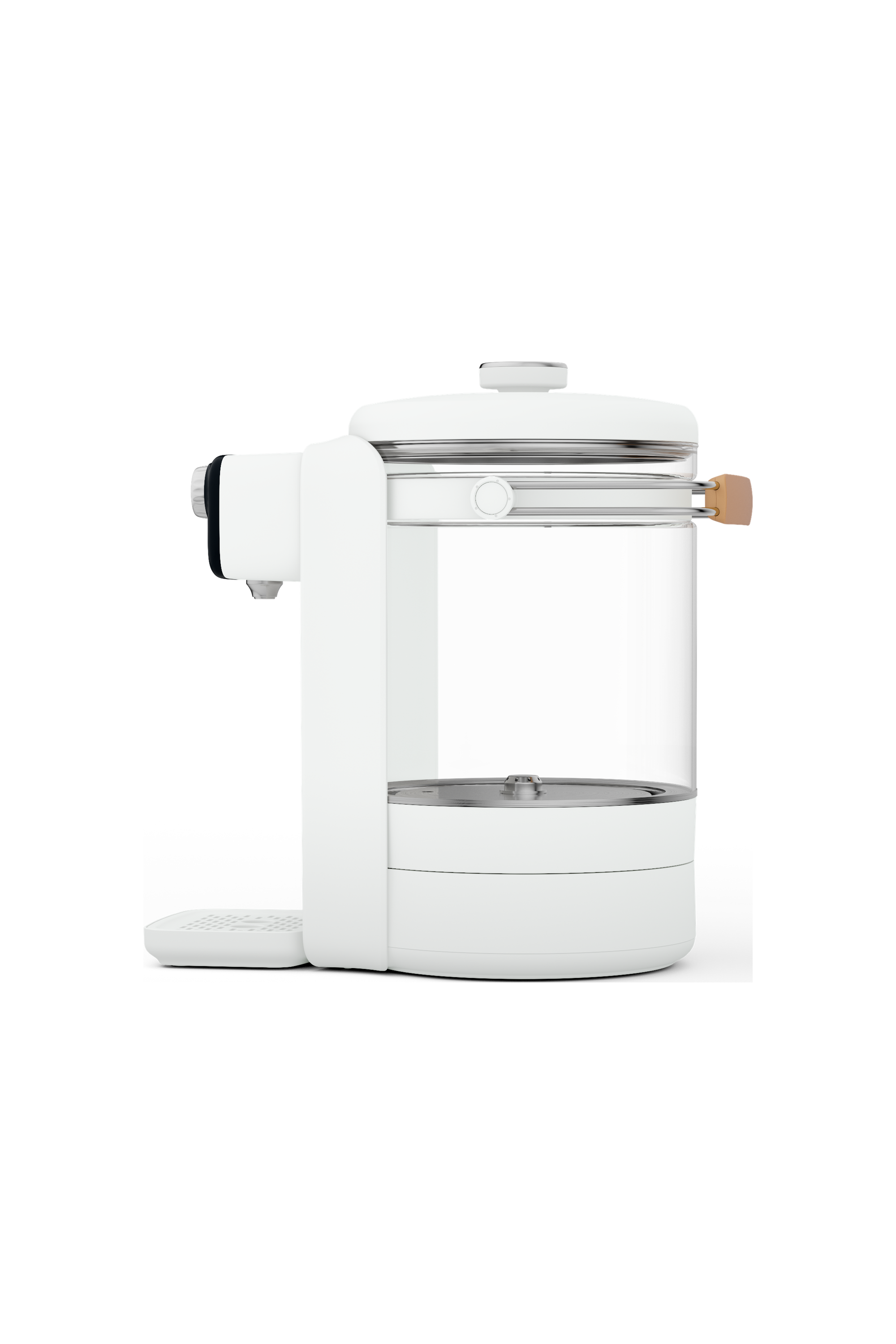 MODEX IHD500 instant hot water dispenser, white, side view with glass kettle | موزع الماء الساخن الفوري مودكس، أبيض، منظر جانبي مع الإبريق الزجاجي
