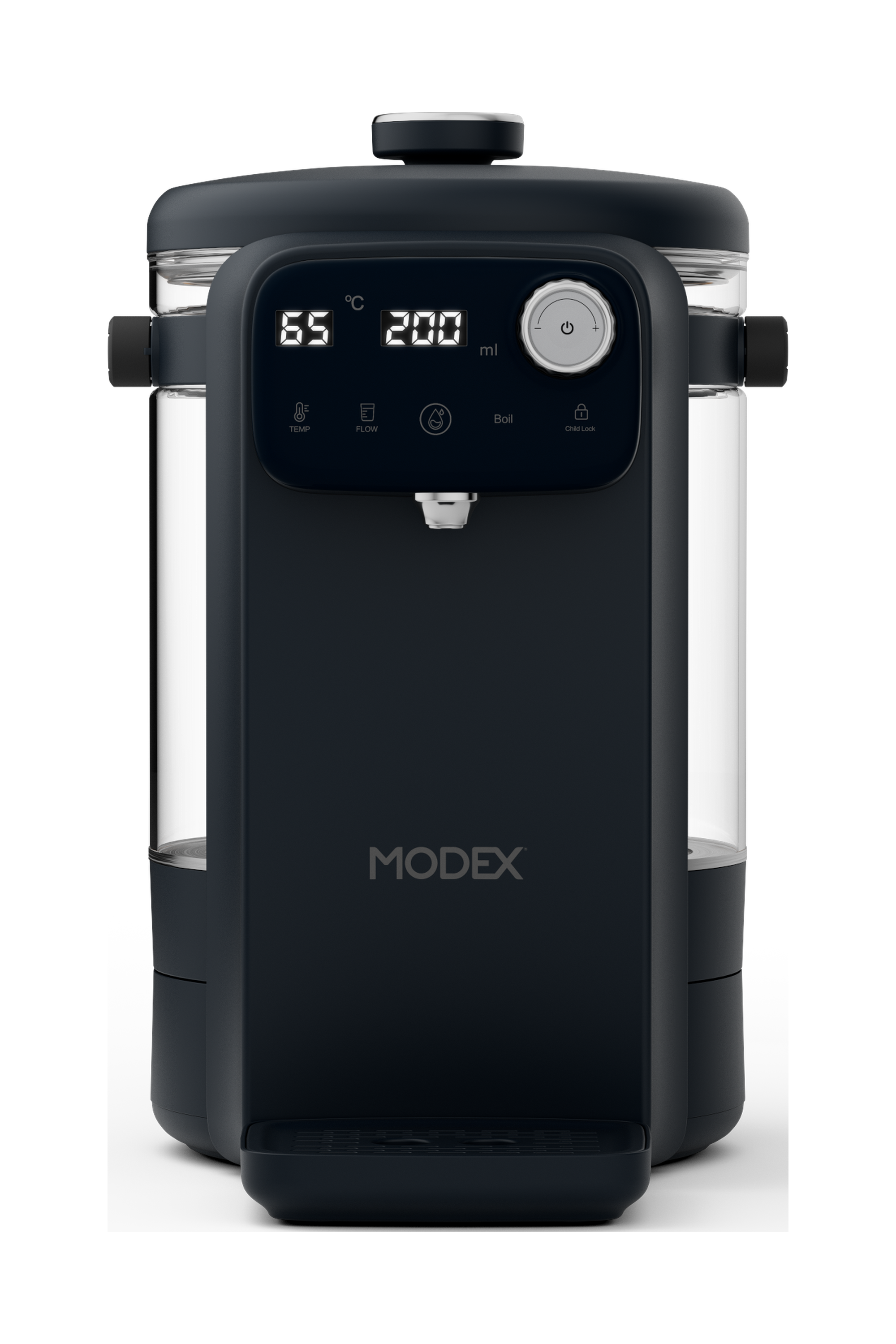MODEX IHD500 instant hot water dispenser, black, front view | موزع الماء الساخن الفوري مودكس، أسود، منظر أمامي