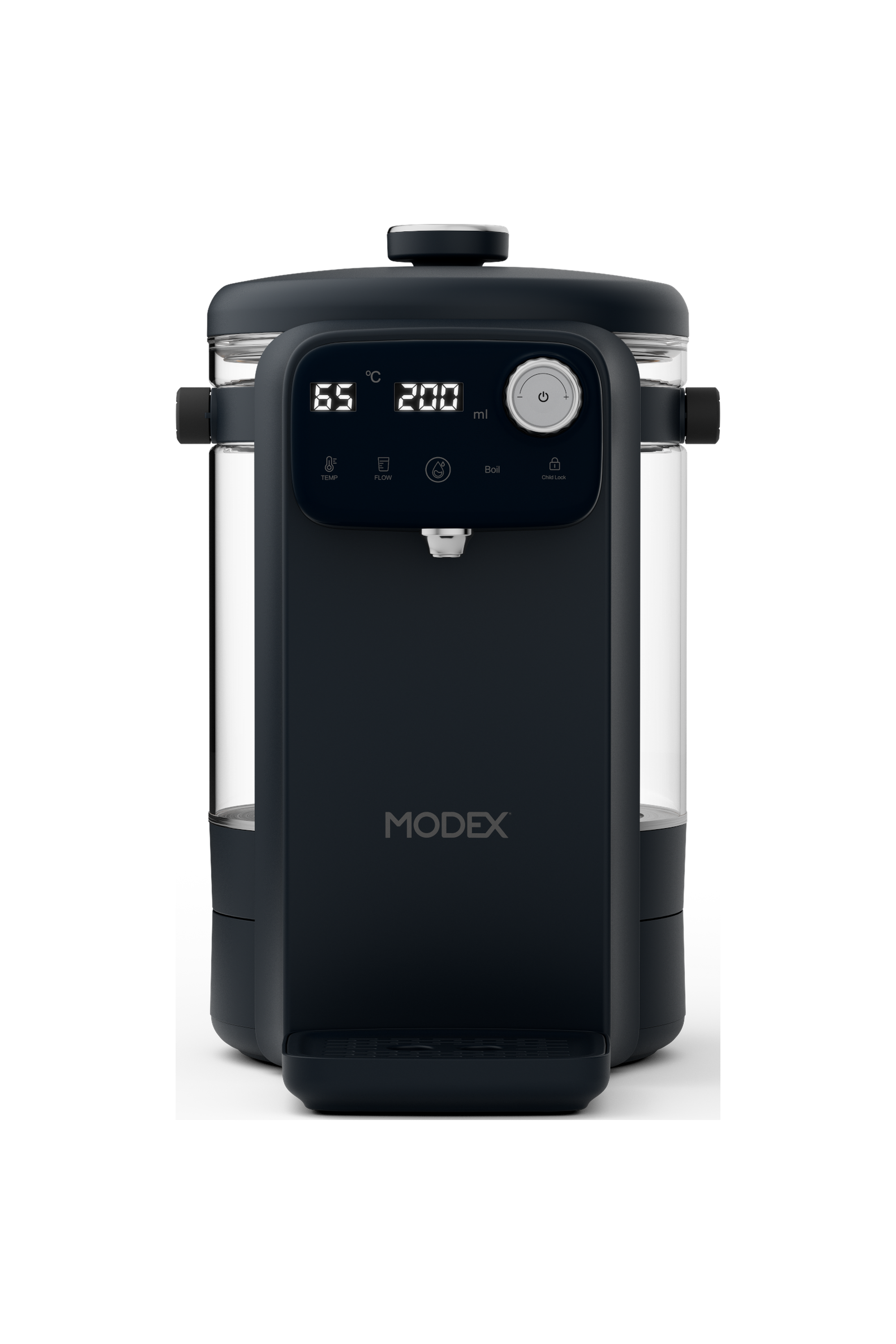 MODEX IHD500 instant hot water dispenser, black, front view | موزع الماء الساخن الفوري مودكس، أسود، منظر أمامي