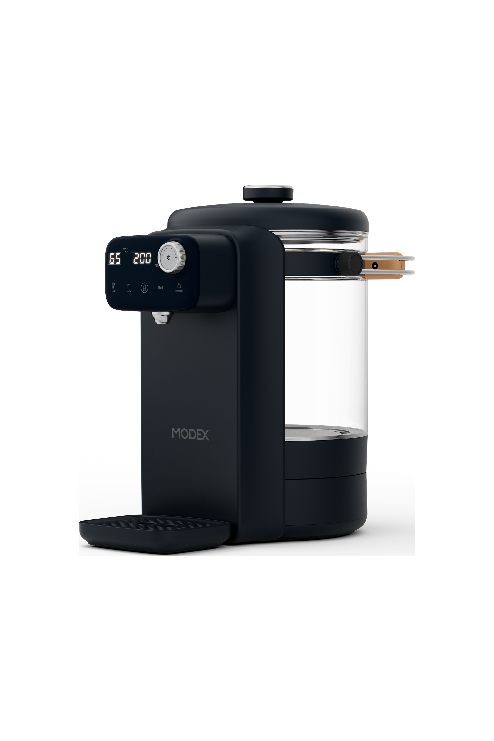 MODEX IHD500 instant hot water dispenser, black, angled view | موزع الماء الساخن الفوري مودكس، أسود، منظر جانبي مائل