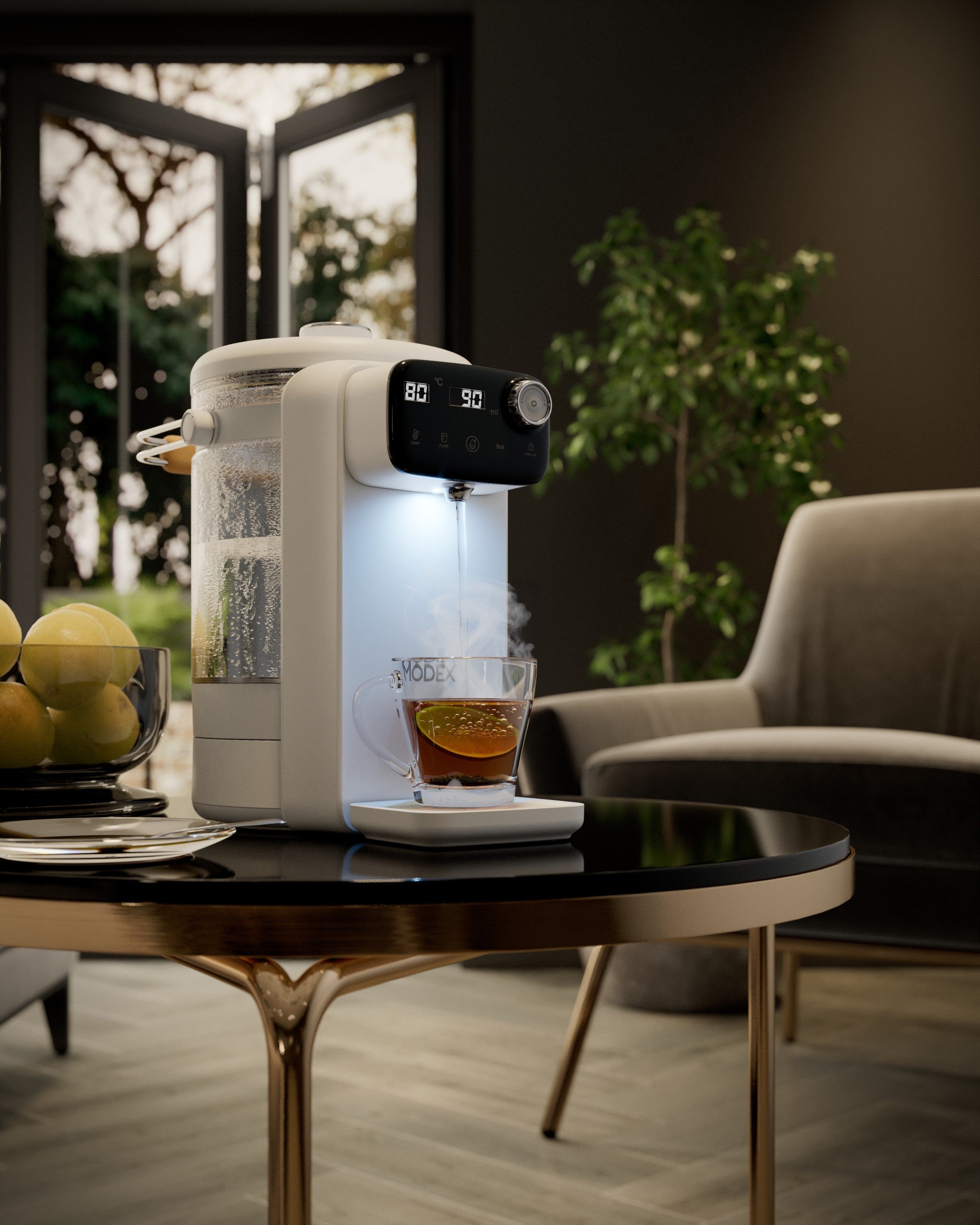 MODEX IHD500 hot water dispenser, white, pouring tea | موزع الماء الساخن مودكس، أبيض، يصب الشاي