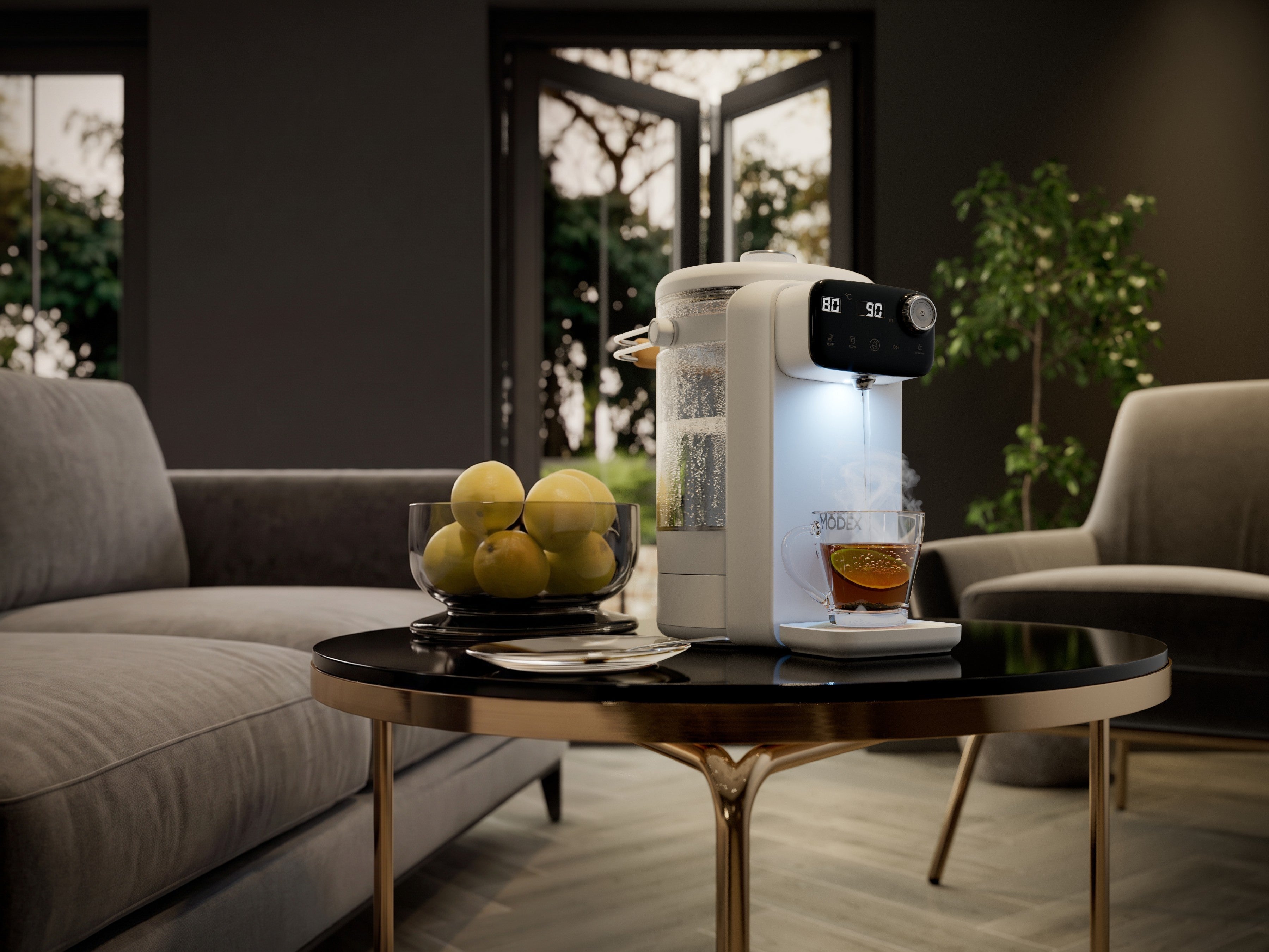 MODEX IHD500 hot water dispenser, white, pouring tea | موزع الماء الساخن مودكس، أبيض، يصب الشاي