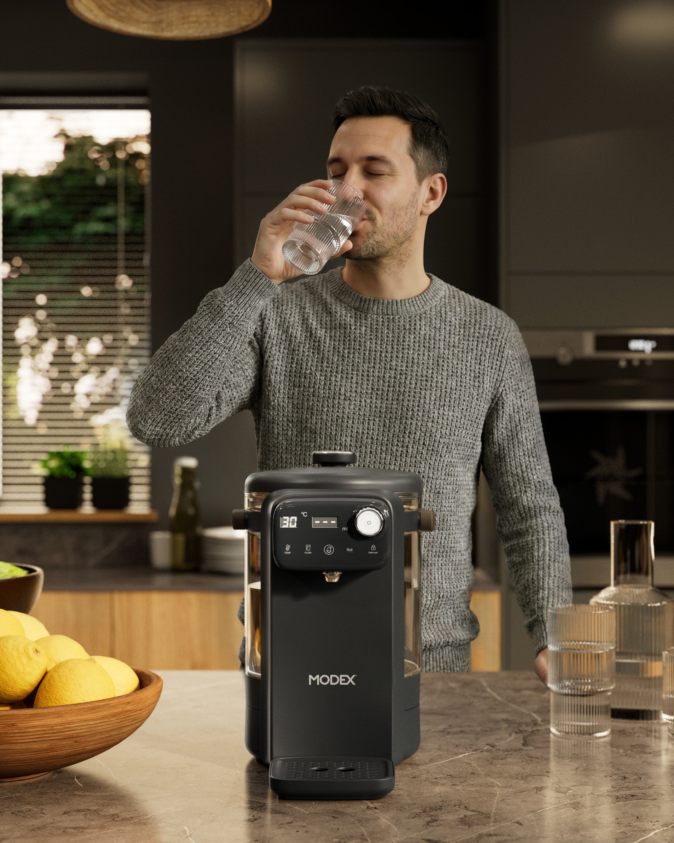 MODEX IHD500 hot water dispenser, black, in a kitchen | موزع الماء الساخن مودكس، أسود، في المطبخ