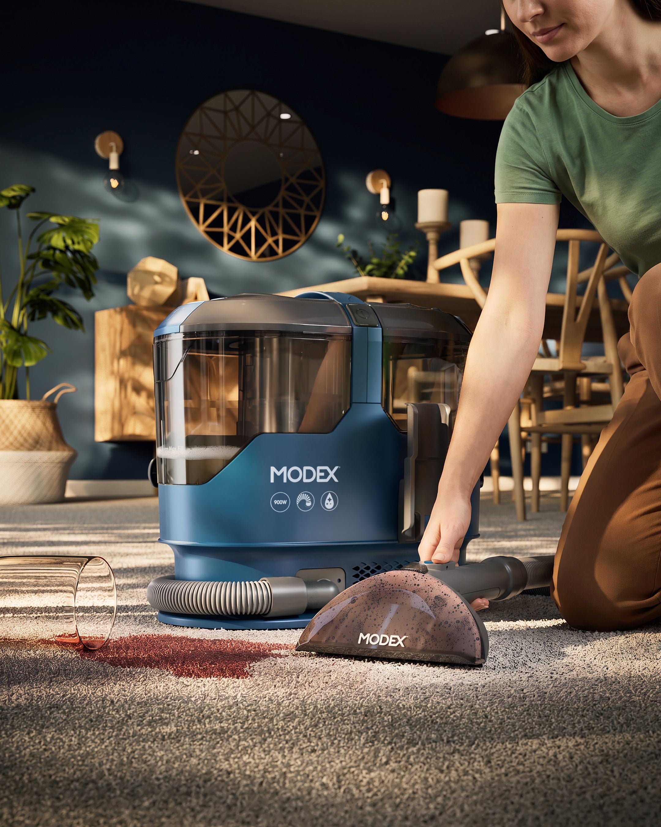 MODEX SCR2026 spot cleaner removing a wine stain from a carpet | منظف البقع مودكس يزيل بقعة من السجادة