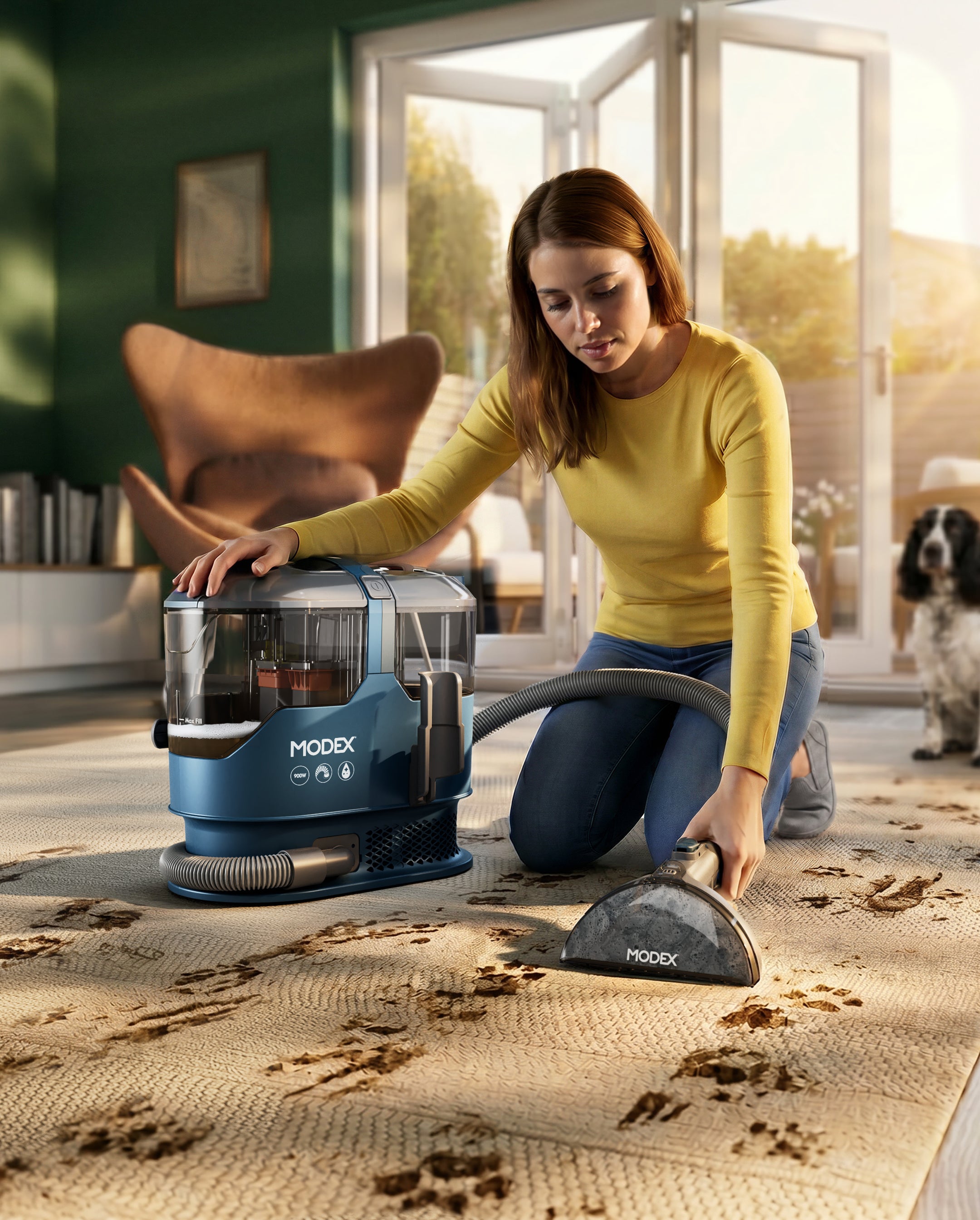 MODEX SCR2026 spot cleaner cleaning muddy paw prints on a rug | منظف البقع مودكس ينظف آثار أقدام على السجادة