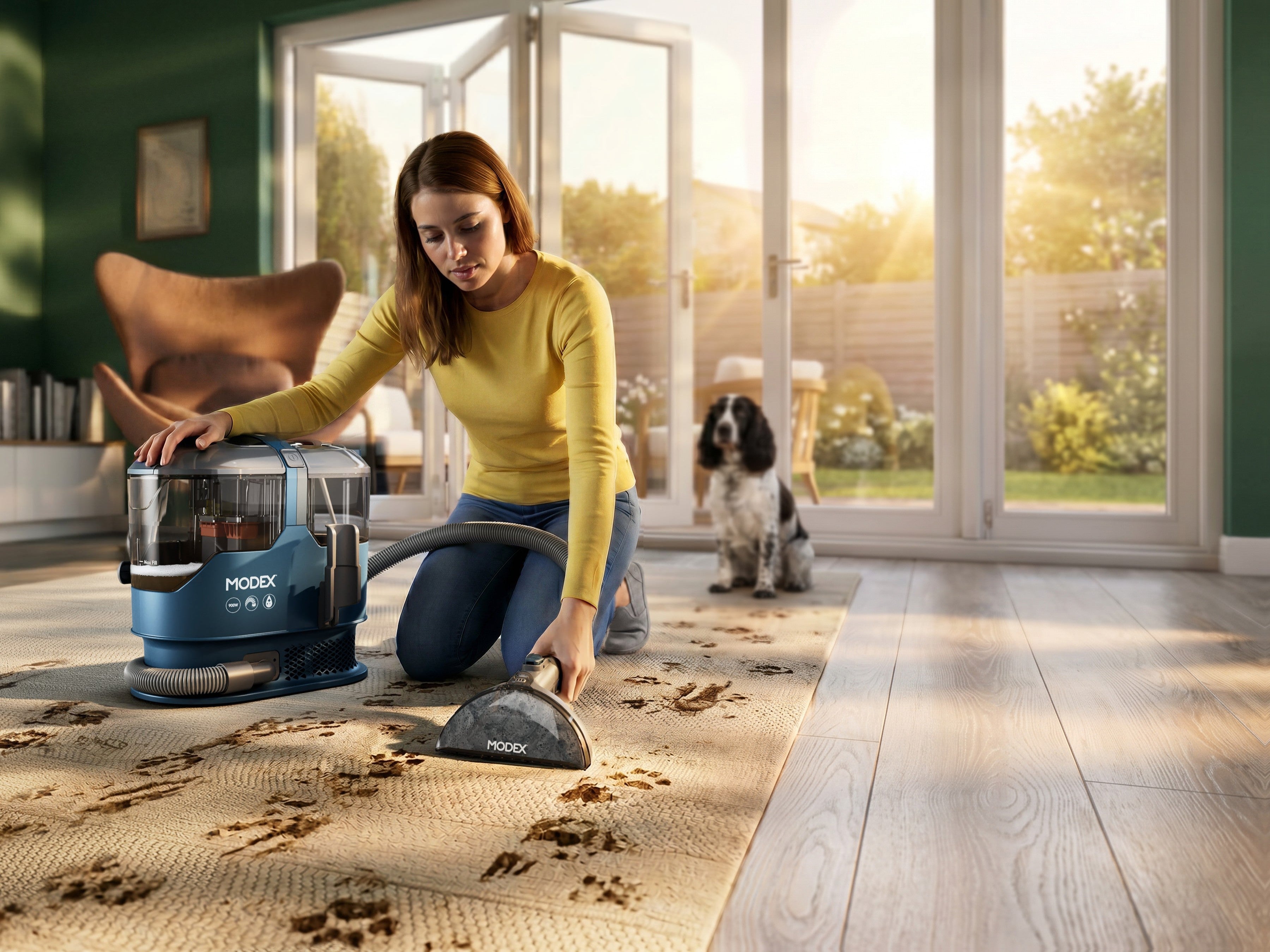 MODEX SCR2026 spot cleaner cleaning muddy paw prints on a rug | منظف البقع مودكس ينظف آثار أقدام على السجادة