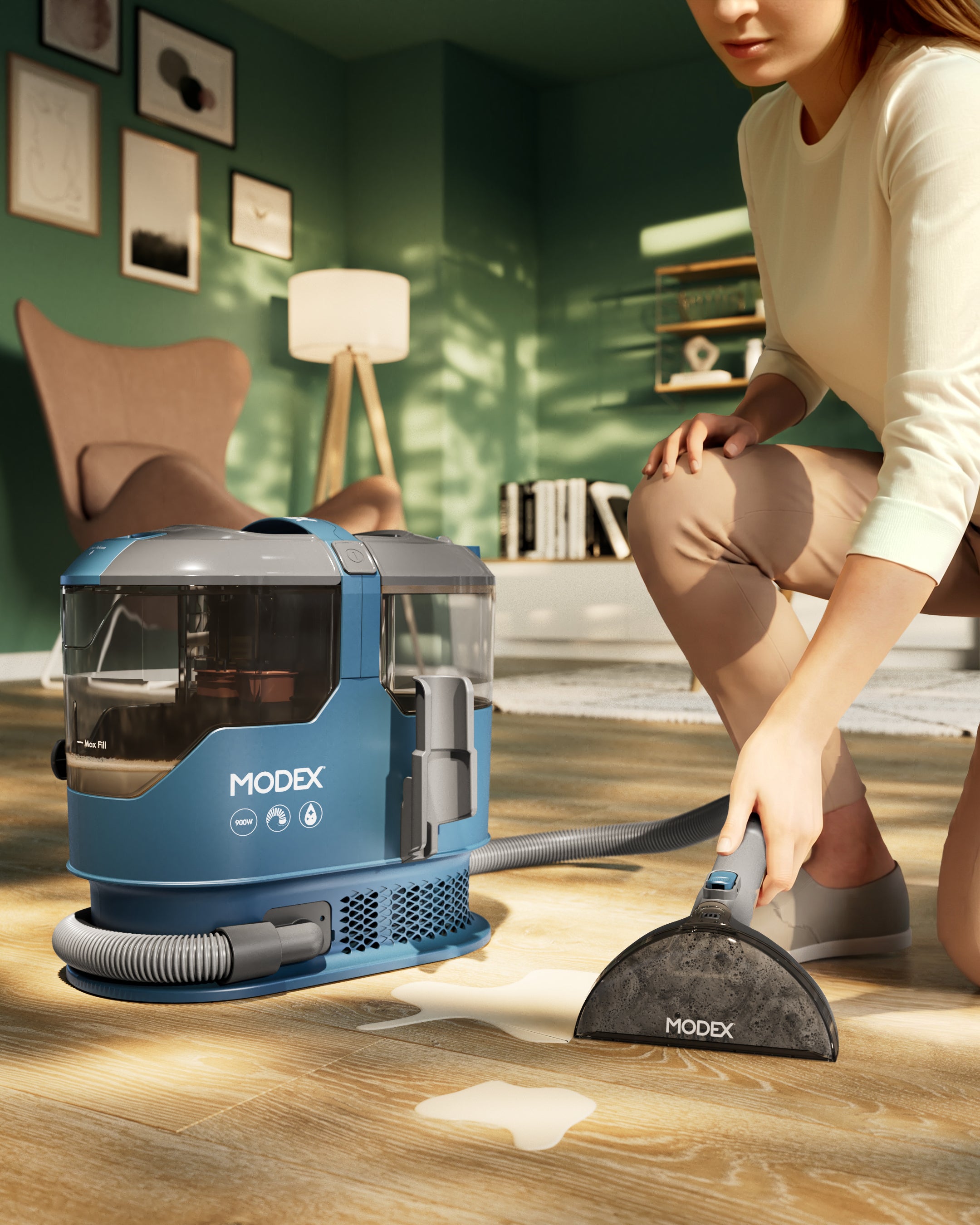 MODEX SCR2026 spot cleaner picking up a spill on a wooden floor | منظف البقع مودكس يزيل الانسكاب عن الأرضية الخشبية