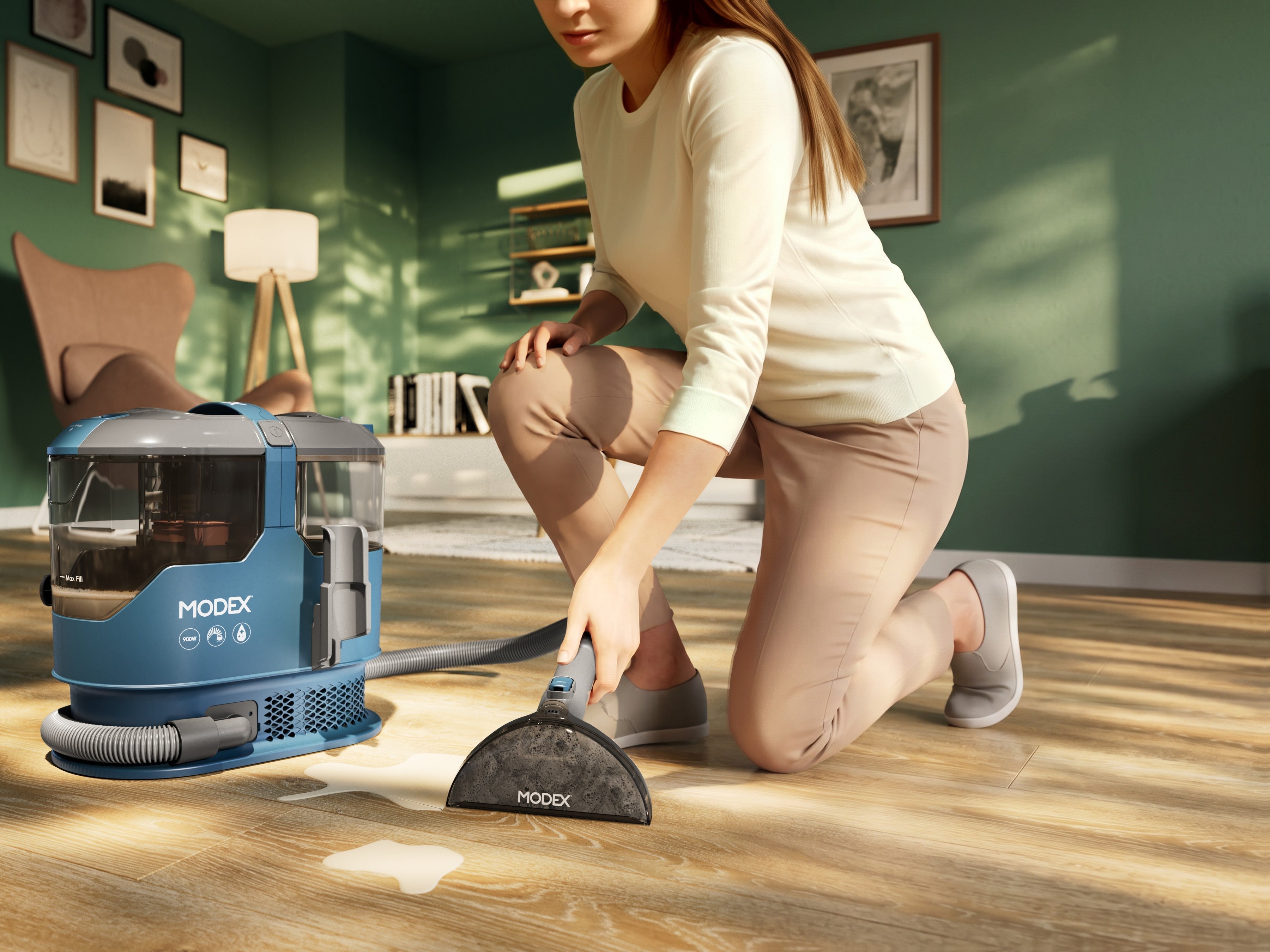 MODEX SCR2026 spot cleaner picking up a spill on a wooden floor | منظف البقع مودكس يزيل الانسكاب عن الأرضية الخشبية