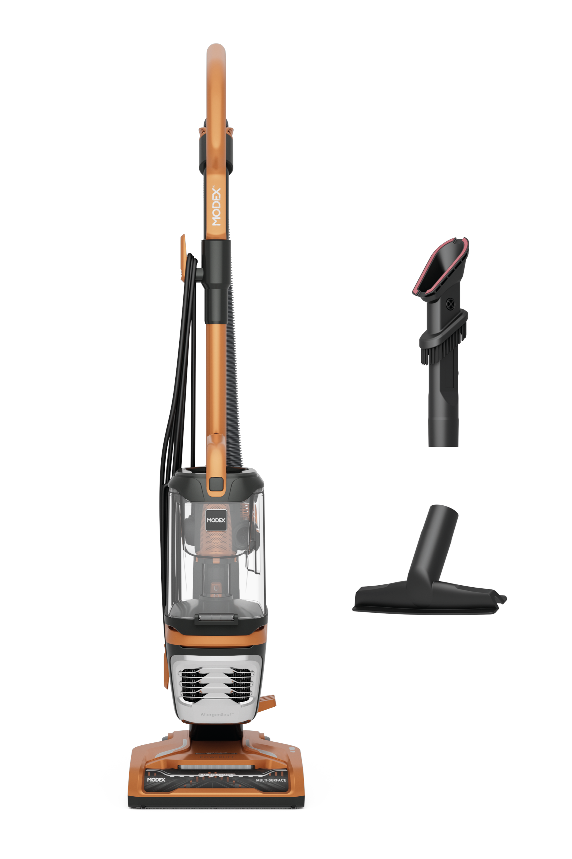 MODEX UVC1510 in orange with crevice and upholstery tools | مكنسة مودكس UVC1510 باللون البرتقالي مع أداة الزوايا وأداة المفروشات