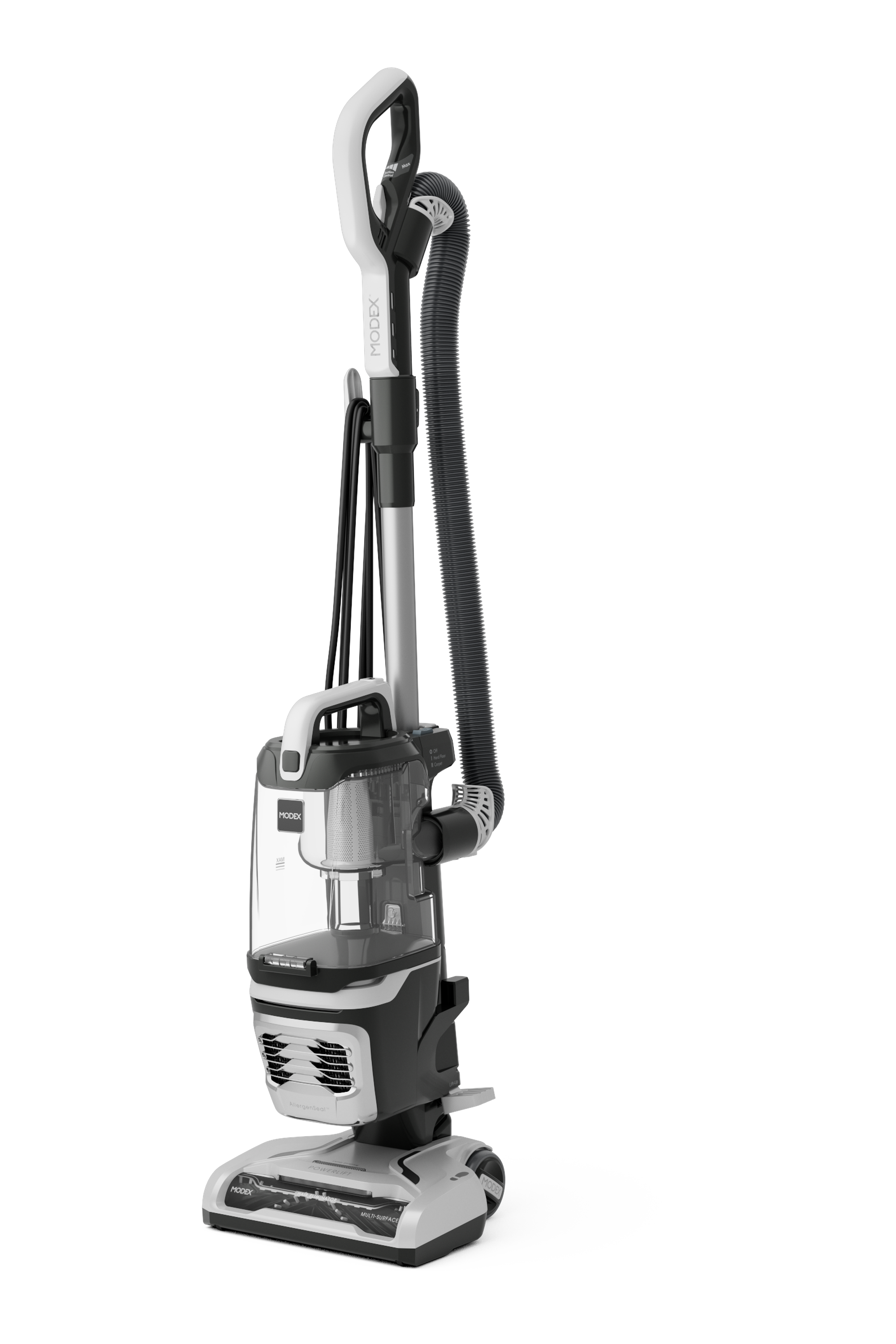 MODEX UVC1510 PowerLift upright vacuum cleaner in white, front view | مكنسة كهربائية عمودية مودكس UVC1510 باللون الأبيض، منظر أمامي