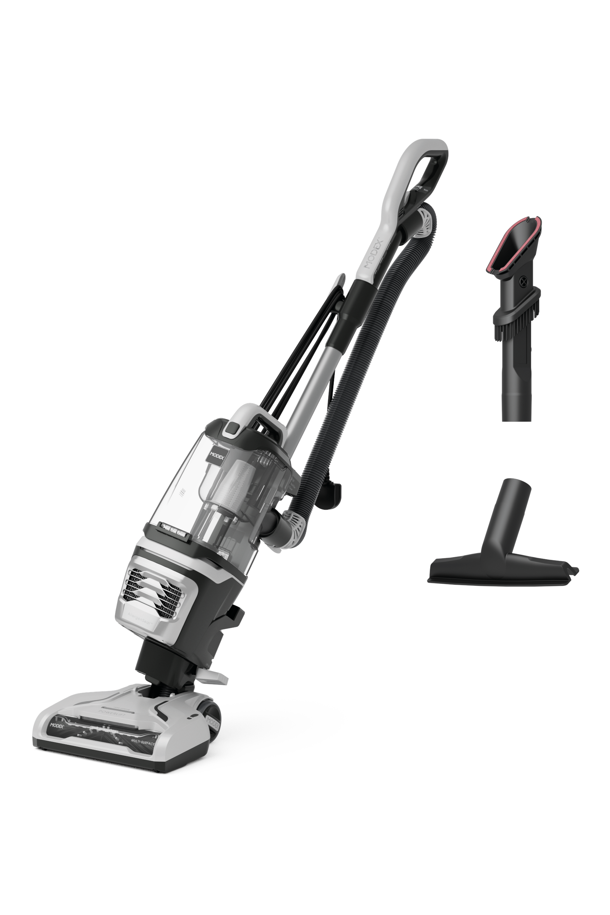 MODEX UVC1510 in white reclined, with tools | مكنسة مودكس UVC1510 باللون الأبيض مائلة مع الملحقات