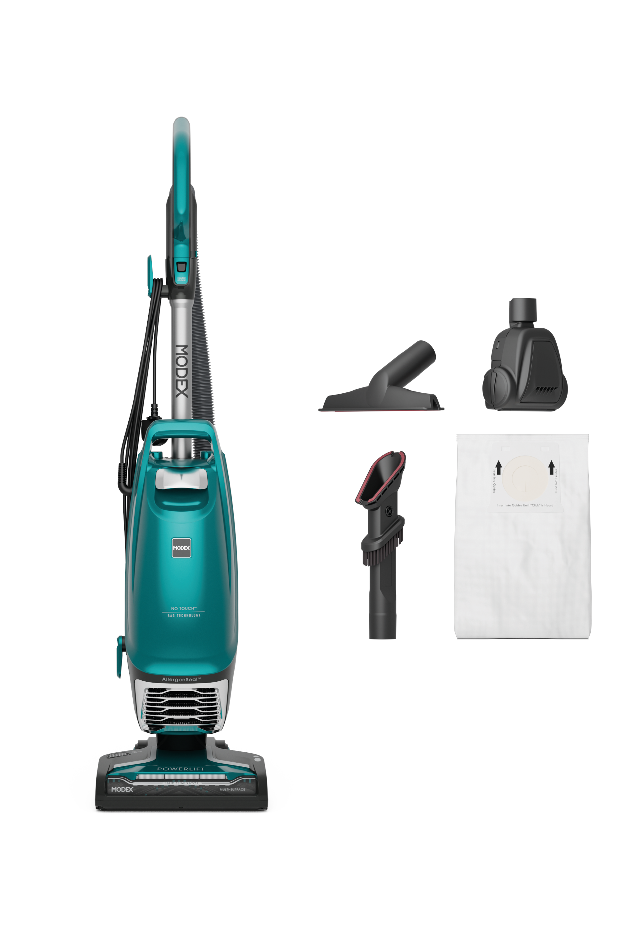 MODEX UVC1520 upright vacuum cleaner, teal, front view with accessories | مكنسة كهربائية عمودية من مودكس، فيروزي، منظر أمامي مع الملحقات