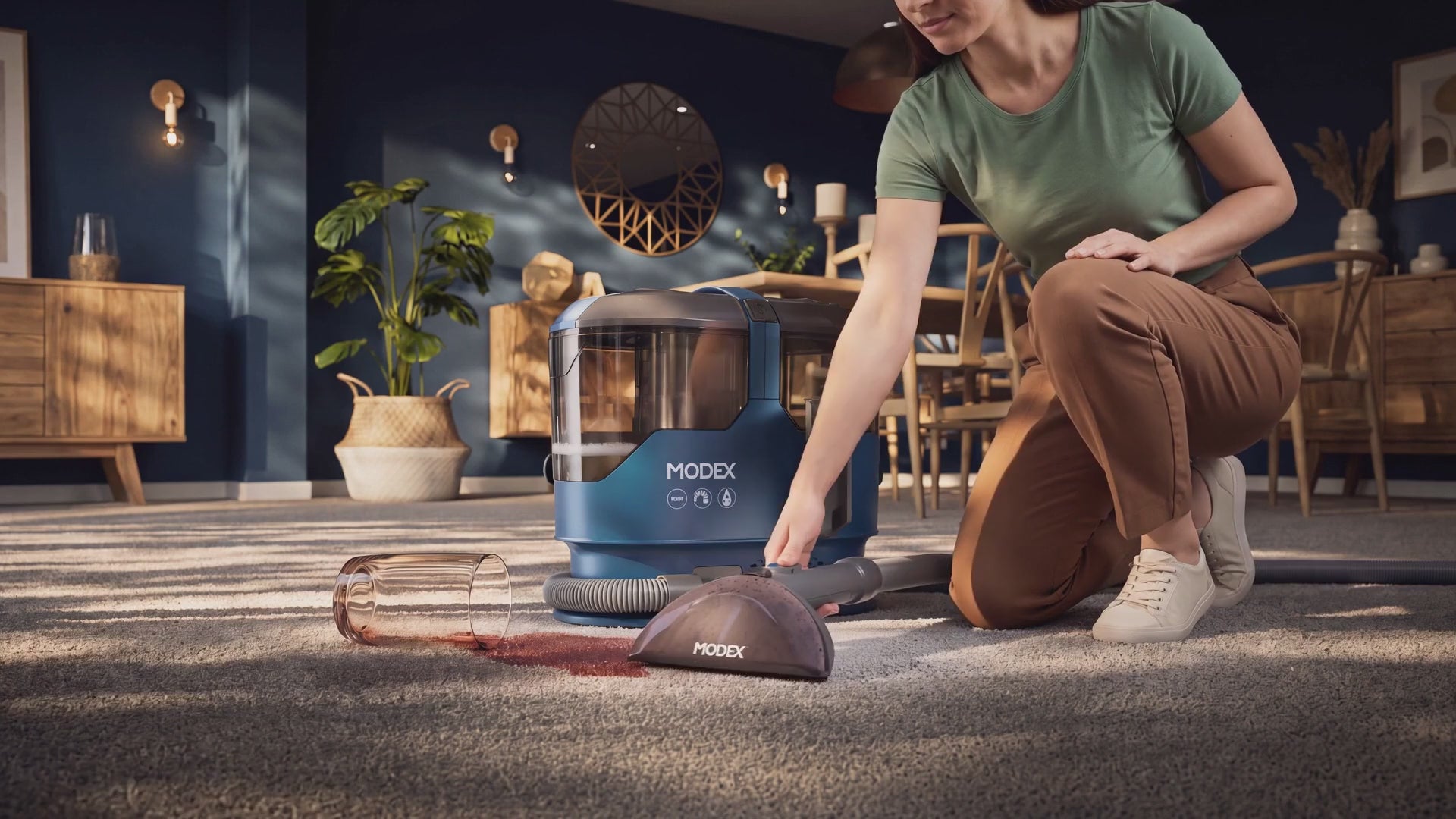 MODEX SCR2026 spot cleaner cleaning a carpet, sofa, stairs and car